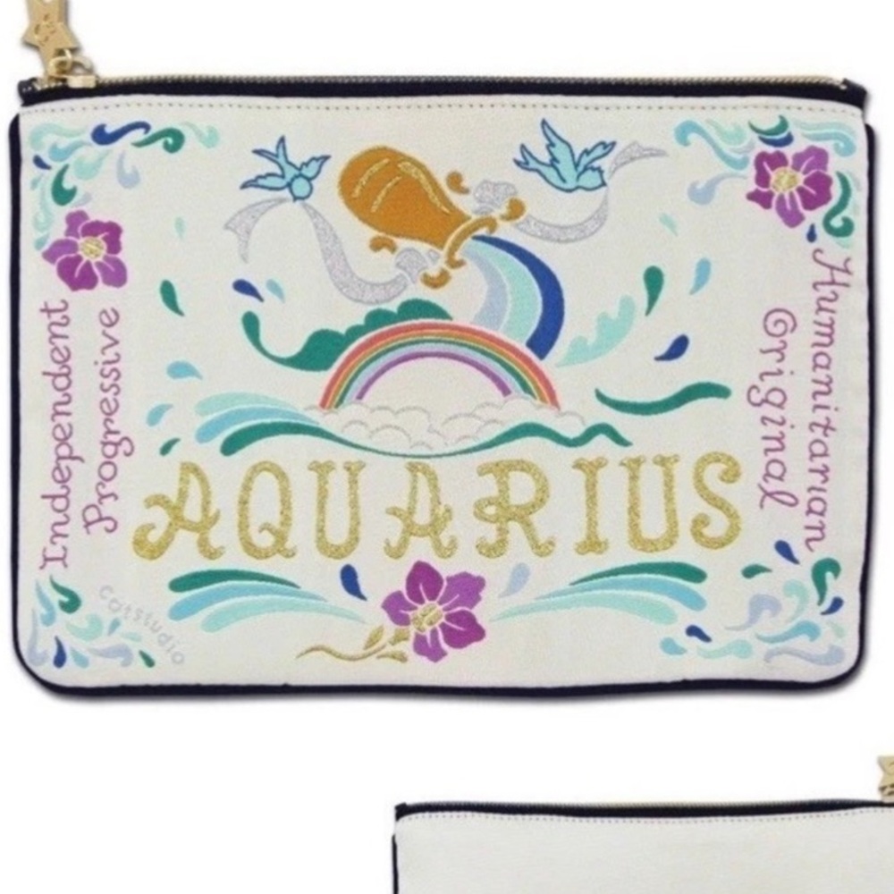 Aquarius Zodiac Pouch - White with Multicolor Embroidered Astrology Design Gift